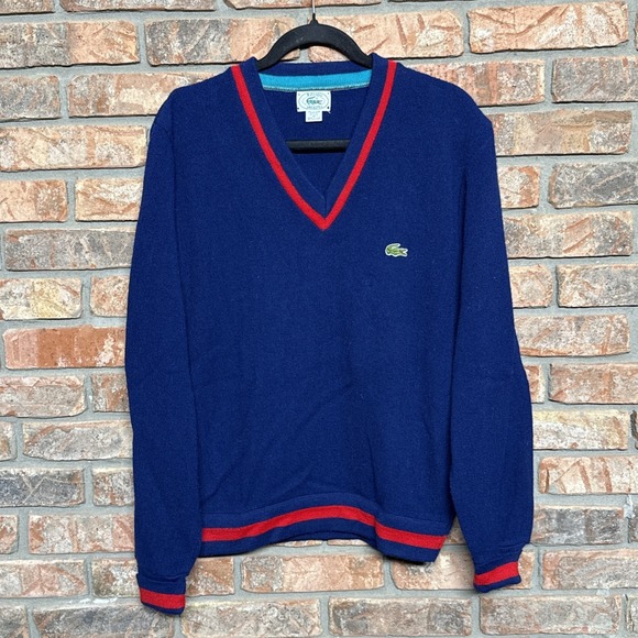 Vintage 80s Izod Lacoste V Neck Sweater Alligator Blue Red Made in USA Medium - Picture 1 of 5